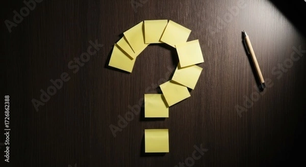 Fototapeta A question mark formed by yellow sticky notes on a dark wooden surface. A pen rests beside the notes