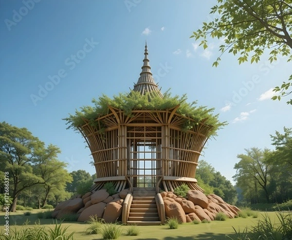 Fototapeta Sustainable bamboo structure pavilion with green foliage in nature architecture
