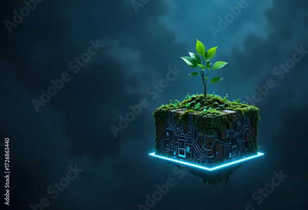 Fototapeta Floating plant on circuit board cube blending nature technology and sustainability