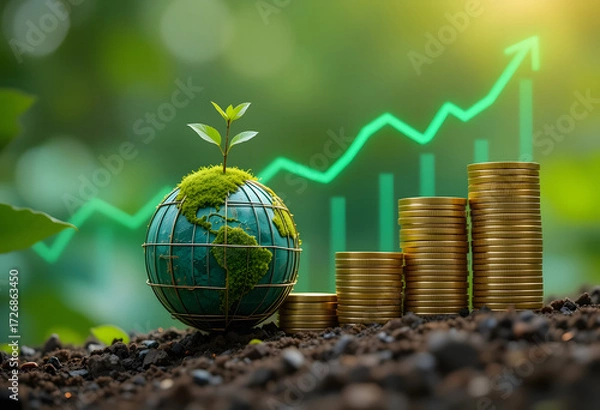 Fototapeta Global earth with plant and stack of coins showing sustainable finance growth chart