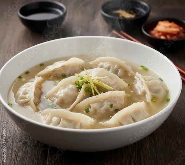 Obraz Dumpling Soup Mandu Guk (만두국) in Clear Broth, Piping Hot Stone Bowl
