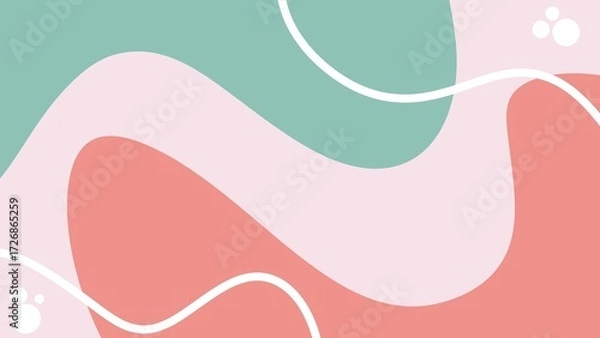 Fototapeta A soft pastel abstract background with flowing pink, coral, and green shapes accented by white curves and circles, perfect for modern and playful designs.