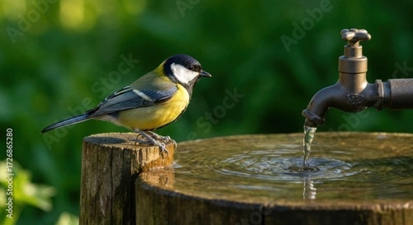 Fototapeta A small, colorful bird, a titmouse, perches on a weathered wooden stump by a garden water fountain. Water flows from a vintage-style faucet into a shallow basin