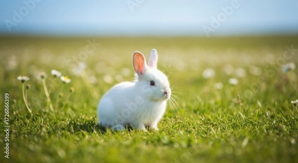 Fototapeta A small, white rabbit sits in a grassy field filled with white flowers. Sunny day, soft focus