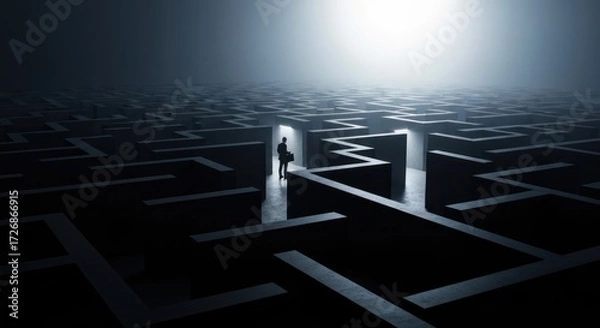 Fototapeta A solitary figure navigating a vast, dark labyrinth.  A single beam of light illuminates a path