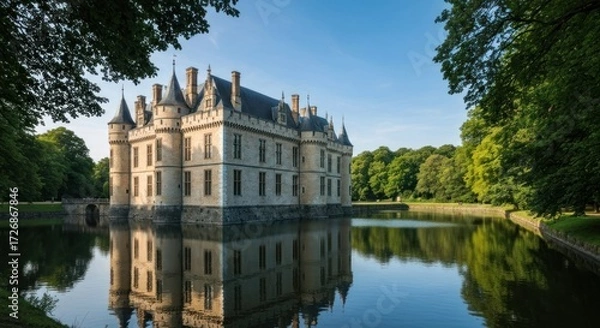 Fototapeta A stately castle, reflected in a calm moat, bathed in morning light. Lush trees frame the scene