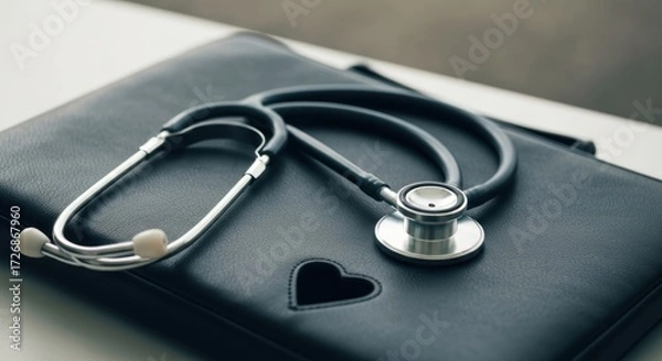Fototapeta A stethoscope rests on a dark gray/black case, a heart-shaped cutout visible