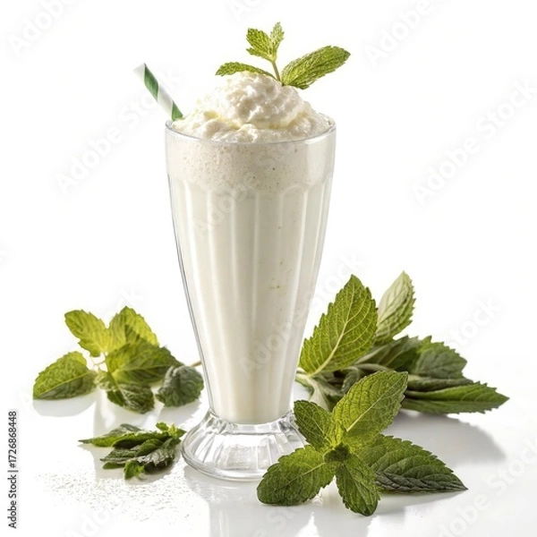 Fototapeta A vanilla or mint milkshake with whipped cream and fresh mint garnish, isolated on a white background