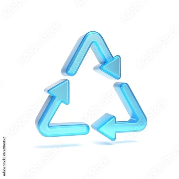 Fototapeta 3D recycling icon. A blue glass symbol with three arrows for sustainability, the environment, and eco-friendly concepts, isolated on a white background
