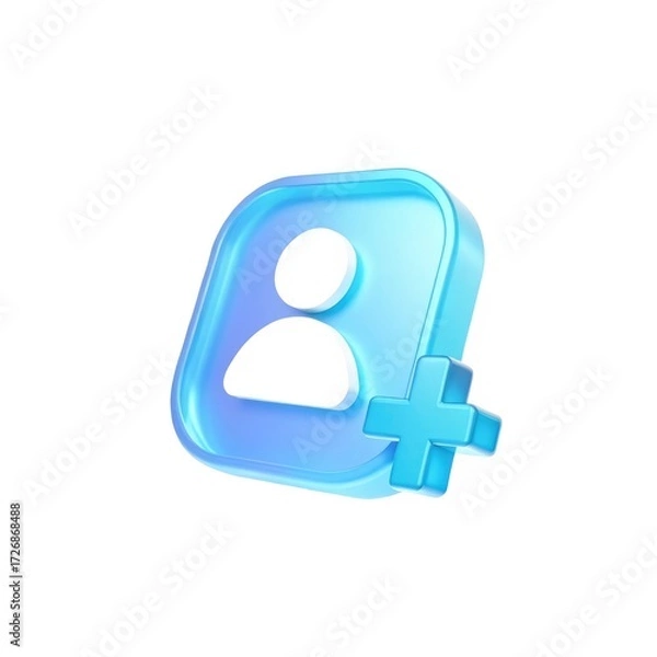 Fototapeta 3D 'add friend' icon. A user profile with a plus sign for following, friend requests, and adding new contacts, isolated on a white background