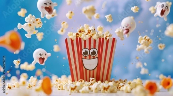 Fototapeta Cartoon Popcorn Box with Popcorn and Cartoon Ghosts