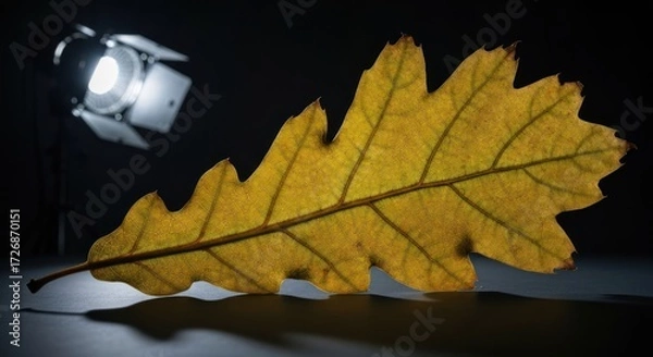 Fototapeta A studio shot of a solitary, autumnal oak leaf, illuminated by a focused light source