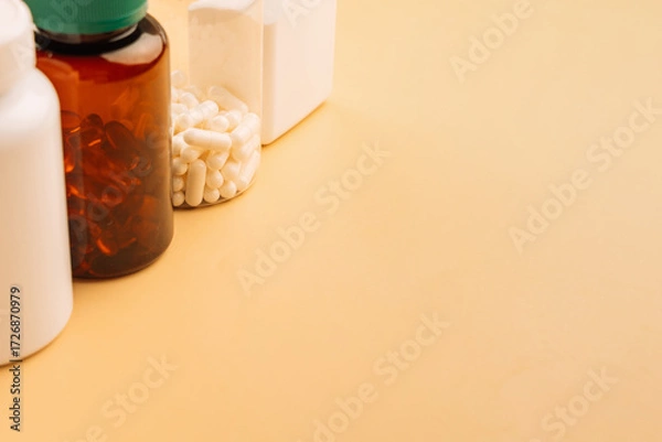 Fototapeta Assorted supplement bottles on beige copy space wellness concept. High quality photo