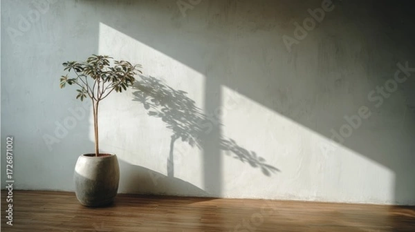 Fototapeta Tall tropical plant in large pot near window with sunlight casting leafshaped shadows on a pale wall and wooden floor, creating a serene indoor ambiance