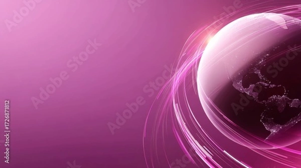 Fototapeta Translucent 3d planet with illuminated continents and neon data trails in space on a gradient pink background with copy space
