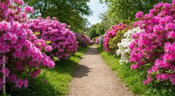 Fototapeta A sunny garden path lined with vibrant pink and white azaleas