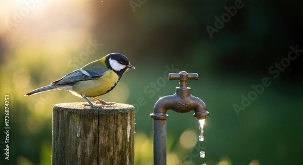 Fototapeta A tit perched on a post, near a garden faucet. Sunlight streams