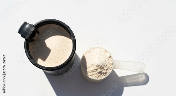 Fototapeta A top-down view of a black canister and measuring scoop filled with light beige powder