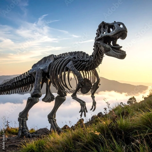 Obraz Dinosaur skeleton on mountaintop at sunset