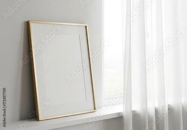 Fototapeta Minimalist golden picture frame with empty insert on a sunlit windowsill, providing a clean backdrop for creative display, home decor, or product mockups