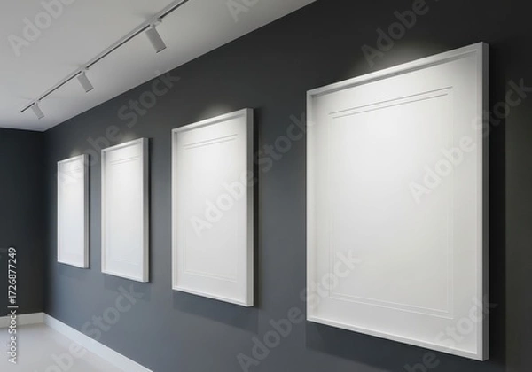 Fototapeta Gallery Wall with Empty Frames on Gray Awaiting Artful Display