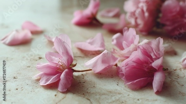 Fototapeta Delicate pink sakura petals resting on a blushtoned surface with scattered blossoms and soft copy space for elegant floral composition