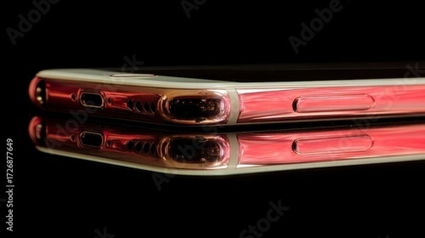 Fototapeta Sleek metallic red mobile phone in sideangle macro shot highlighting glossy reflective surface on dark matte backdrop with ample copy space