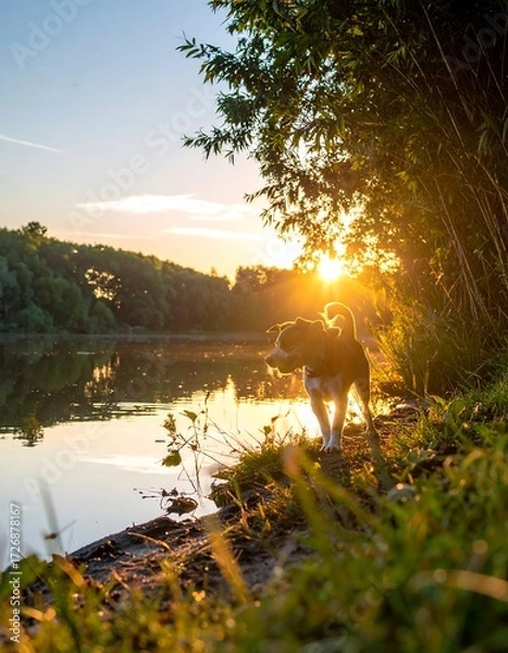 Obraz Dog by river at sunset
