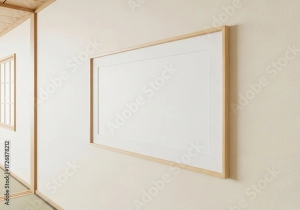 Fototapeta Minimalist Interior Design A Blank Picture Frame on a Cream-Colored Wall in a Modern Japanese-Inspired Room