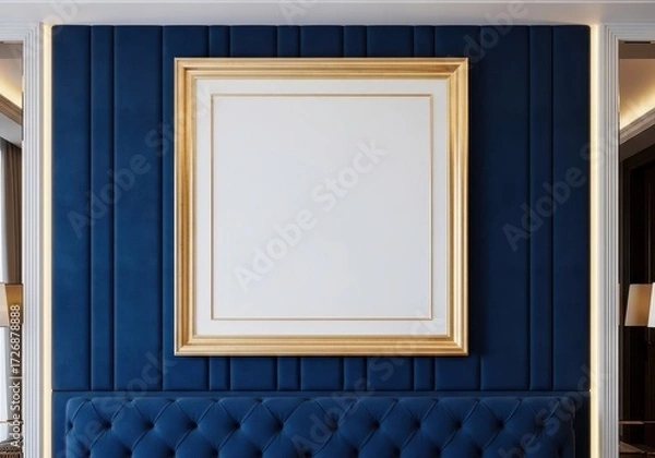 Fototapeta Elegant golden frame on a deep blue tufted velvet wall, providing a sophisticated blank canvas for art or text in a luxurious interior design setting