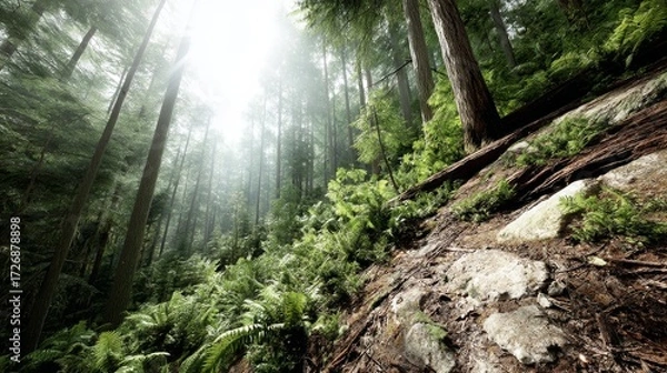 Fototapeta Lifelike digital rendering of a tranquil forest scene with soft sunlight filtering through dense foliage, intricate moss, and ferns curling around ancient tree trunks in a peaceful, natural setting w
