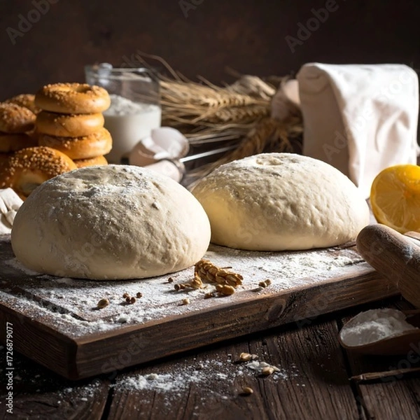 Obraz Dough, ingredients, and tools on a rustic table