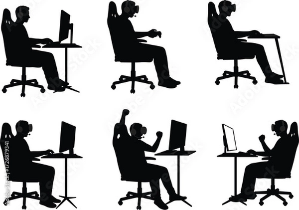 Fototapeta A set of male gamer silhouettes in various dynamic and seated poses, a graphic illustration of esports and gaming.