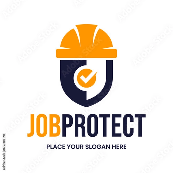 Fototapeta Job protect logo combining a safety helmet and a shield with a check mark. Ideal for worker insurance, construction safety programs, or employment security firms.