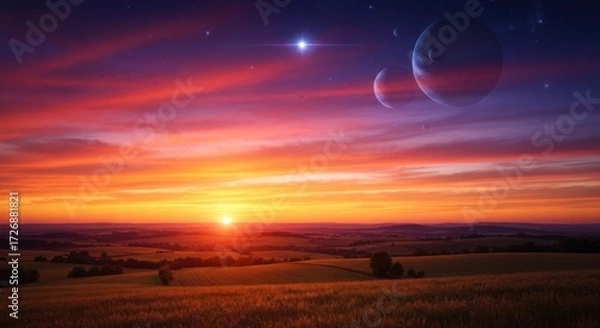 Fototapeta A vibrant sunset over a field, with celestial bodies
