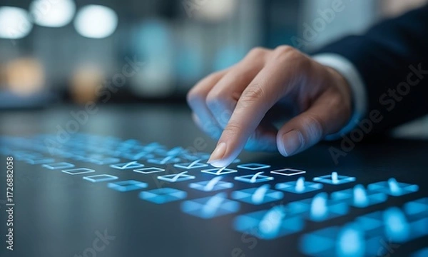 Fototapeta Close-up of hand interacting with futuristic glowing touchscreen interface, ideal for illustrating digital technology innovation and user experience design concepts