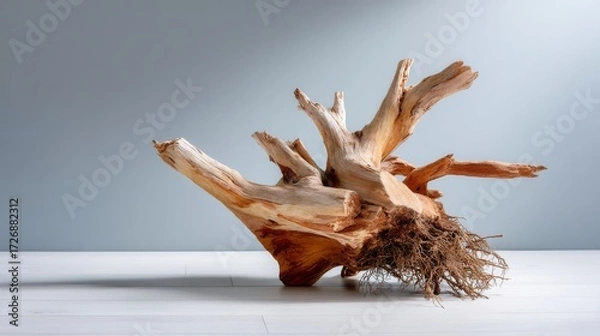 Fototapeta Sideangle view of an ancient twisted tree trunk with exposed roots against a soft gray gradient background, emphasizing intricate textures, organic form, and natural beauty with ample copy space