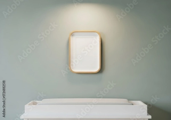 Fototapeta Minimalist interior design concept a framed empty picture on a light blue wall above a changing table