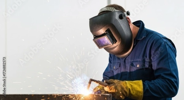 Fototapeta A welder in protective gear concentrates on metalwork.  Sparks fly from the welding torch