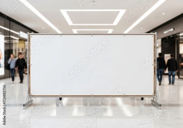 Fototapeta Large blank white advertising board with copy space in a modern shopping mall. Ideal for impactful promotions and announcements to a consumer audience