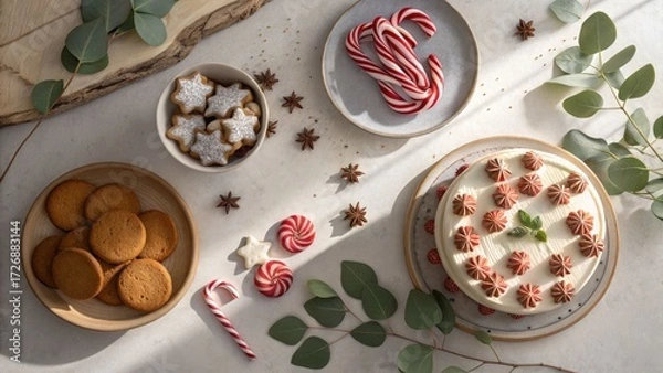 Fototapeta Festive holiday baking event dessert display with cookies and cake in a cozy kitchen setting top-down view for seasonal inspiration