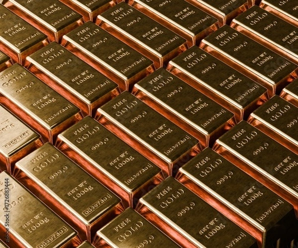 Fototapeta gold bars lined up in rows, illustration background 3d render