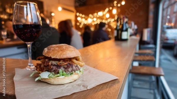 Fototapeta Sideangle view of a gourmet cheeseburger with toasted bun, beef patty, onion rings, and fresh lettuce on a vintage wooden table in cozy warmly lit interior with copy space on the right