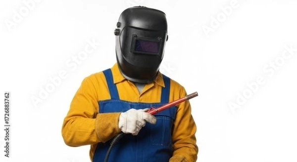 Fototapeta A welder in protective gear, holding a welding torch