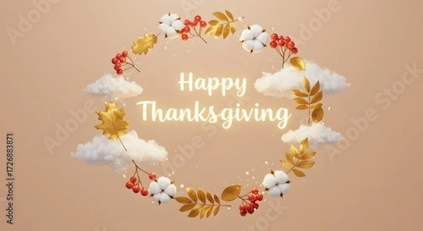 Fototapeta Warm Autumnal Happy Thanksgiving Wreath with Golden Leaves, Red Berries, Cotton, and Clouds on Peach