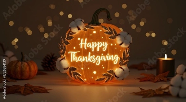 Fototapeta Illuminated Thanksgiving Pumpkin with Festive Decor and Bokeh Lights