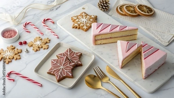Fototapeta Holiday dessert display featuring festive cakes and cookies on marble surface culinary art cozy atmosphere aesthetic viewpoint
