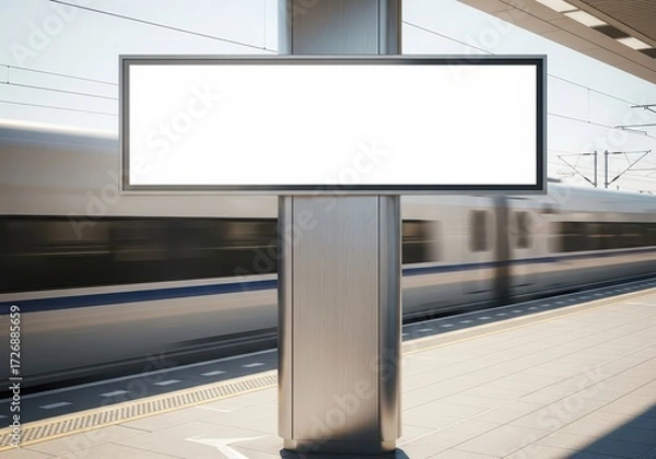 Fototapeta Blank digital billboard at a modern train station platform with a high-speed train passing in the background, perfect for advertising and public information