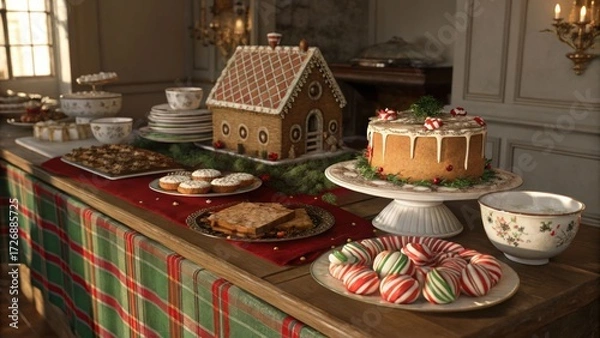 Fototapeta Festive holiday dessert table with gingerbread house and cookies cozy indoor setting culinary art family gathering warm atmosphere