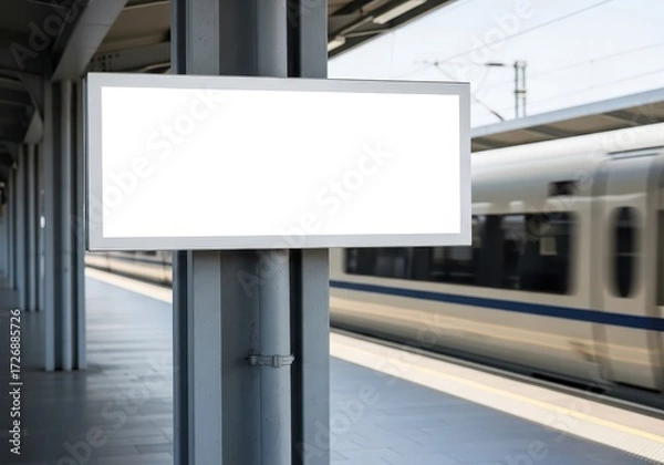 Fototapeta Blank Billboard on Train Station Platform with Moving Train